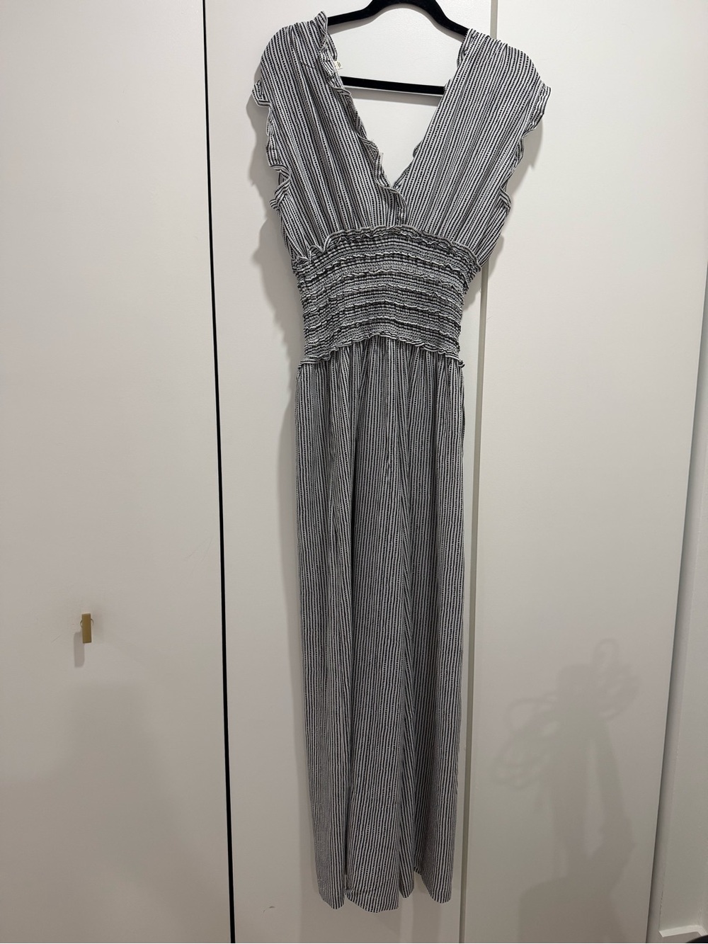 Max Studio Black and White Vertical Stripe V-Neck Jumpsuit